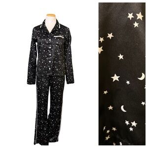 Abercrombie and Fitch Star Print Black Satin Long Sleeve Pajama Set